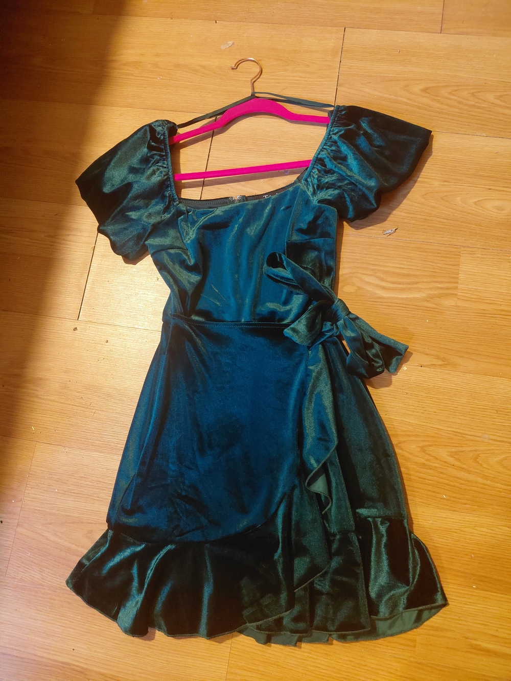 Trixxi Emerald Green Velvet Wrap Mini Dress with Puff Sleeves